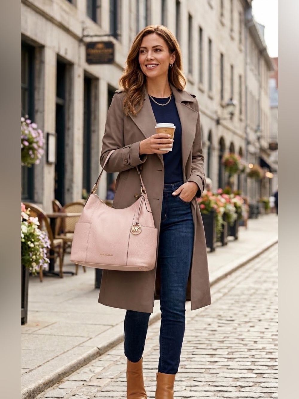 MICHAEL Michael Kors Bedford Pebbled Leather Hobo Bag in soft Pink
